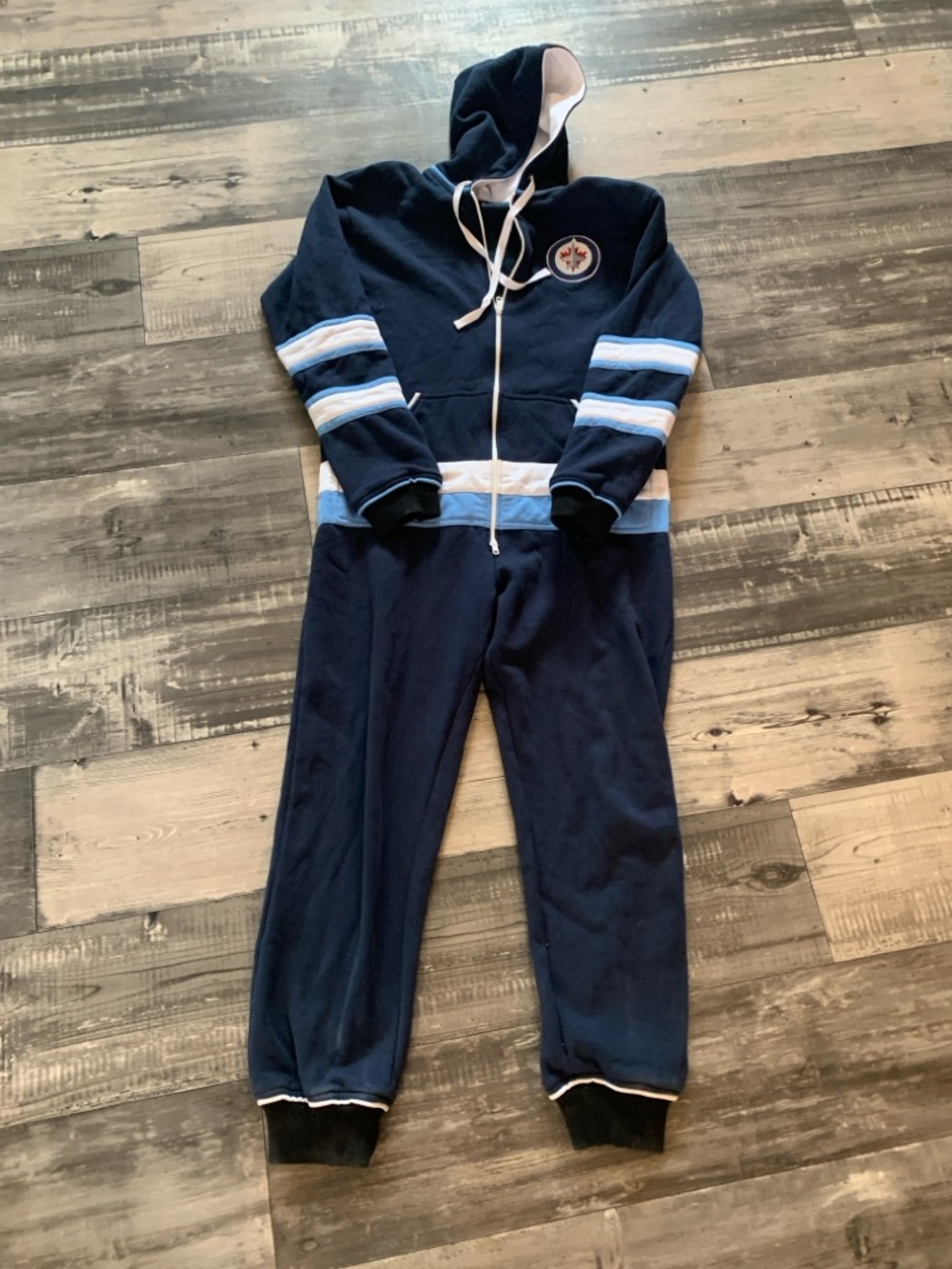 Jets Men's Navy Hooded One-Piece Romper with Light Blue Stripes